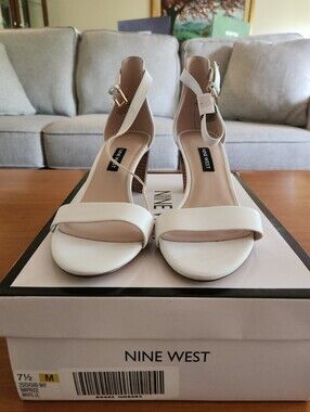 Nine West Pruce White Ankle-Strap Block Heels